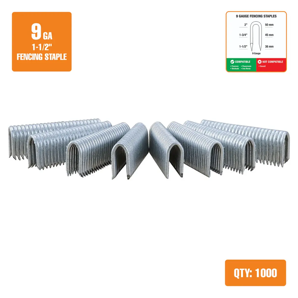 Скобы для ограждений, 9 калибра, склеенные в ленту, длина 1-1/2″– 2″ (1000 шт.)