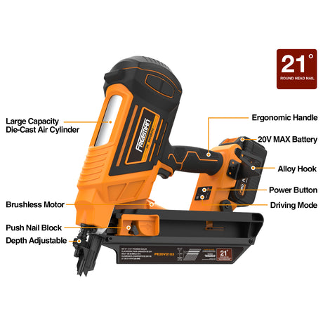 PE20V2183 20V Аккумуляторный бесщеточный 21 градус 3-1/4" Степлеры ?Воздушные шланги?